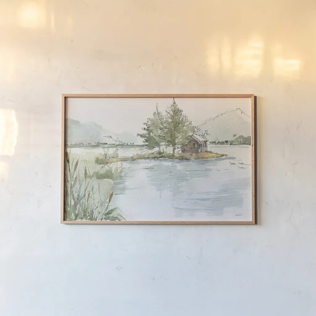 Serene Lake II by Anne Tavoletti. shown as a paper print in a natural frame. Available as a archival giclee rolled canvas, fine art paper, or poster print. SKU 72231i.