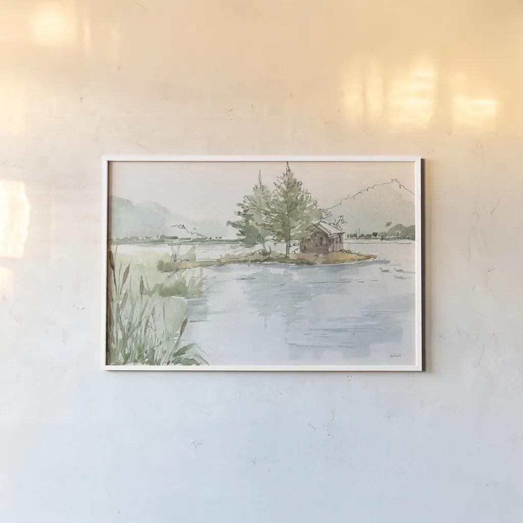 Serene Lake II by Anne Tavoletti. shown as a paper print in a white frame. Available as a archival giclee rolled canvas, fine art paper, or poster print. SKU 72231i.
