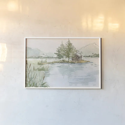 Serene Lake II by Anne Tavoletti. shown as a paper print in a white frame. Available as a archival giclee rolled canvas, fine art paper, or poster print. SKU 72231i.