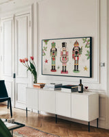 Signs of the Season I by Anne Tavoletti. shown as a framed stretched canvas in a living room above a console. Available as a archival giclee rolled canvas, fine art paper, or poster print. SKU 83059i.