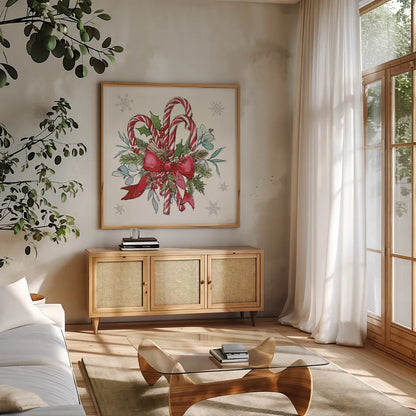 Signs of the Season II by Anne Tavoletti. Shown in a natural wood frame in a cozy modern living room. Available as an archival giclee rolled canvas, fine art paper, or poster print. SKU 83060a.
