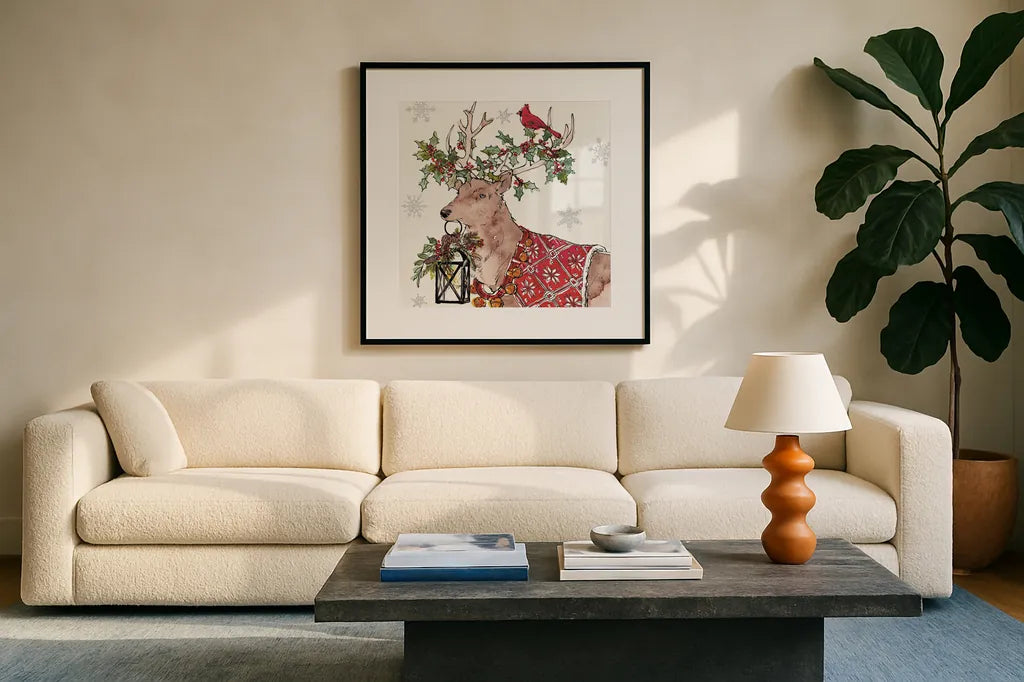 Signs of the Season V by Anne Tavoletti. Displayed in a glass frame with matte in a clean modern living room. Available as an archival giclee rolled canvas, fine art paper, or poster print. SKU 83063a.