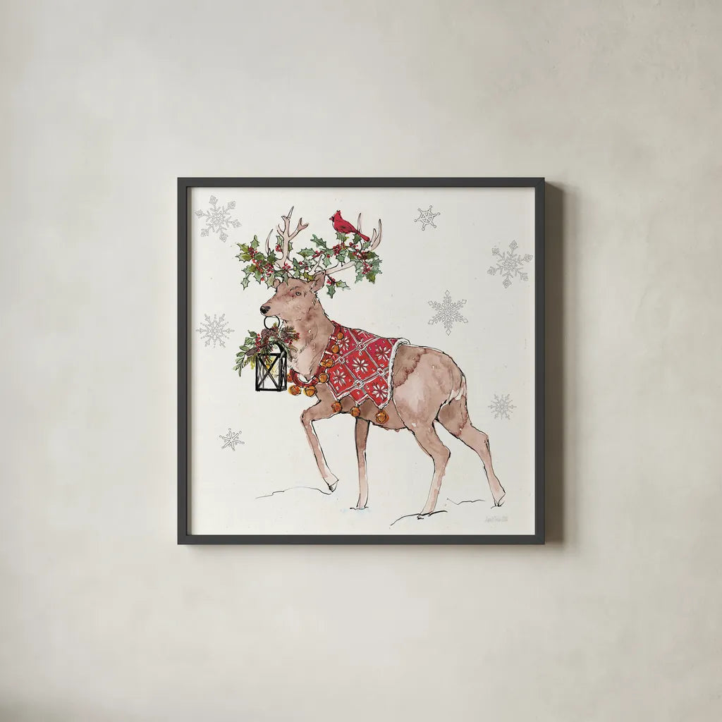 Signs of the Season V Full Deer by Anne Tavoletti. Shown in a sleek black glass frame for a contemporary gallery look. Available as an archival giclee rolled canvas, fine art paper, or poster print. SKU 87645a.