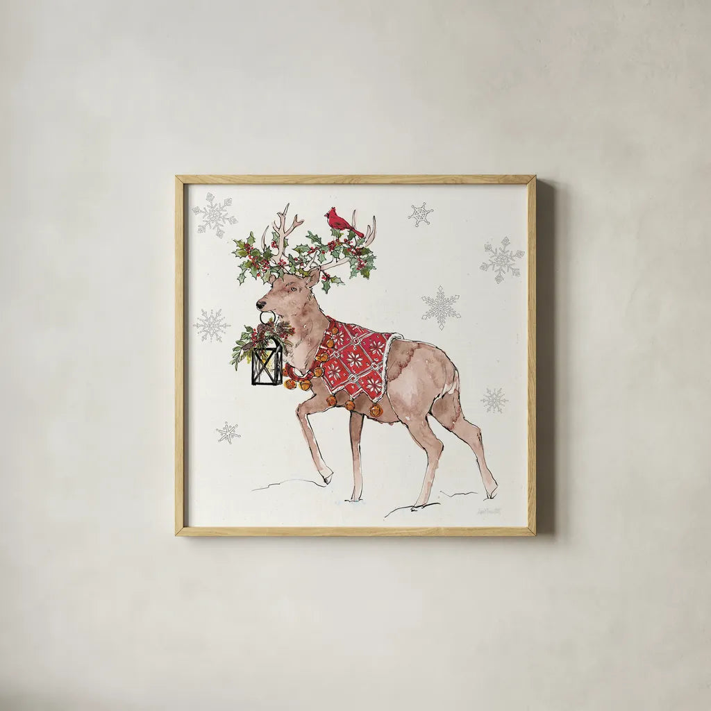 Signs of the Season V Full Deer by Anne Tavoletti. Shown in a natural wood glass frame for a timeless modern aesthetic. Available as an archival giclee rolled canvas, fine art paper, or poster print. SKU 87645a.