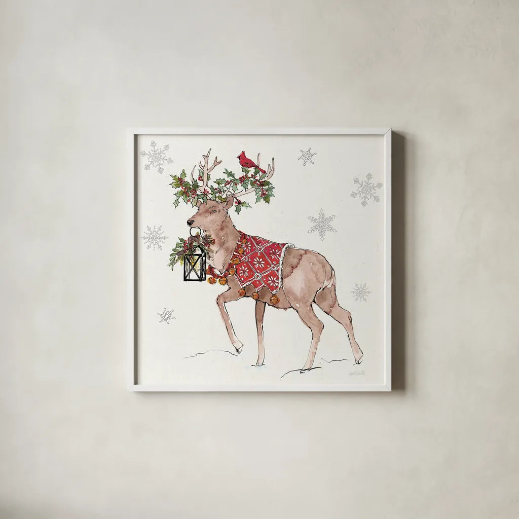 Signs of the Season V Full Deer by Anne Tavoletti. Shown in a crisp white glass frame for a clean and minimalist style. Available as an archival giclee rolled canvas, fine art paper, or poster print. SKU 87645a.