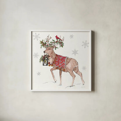 Signs of the Season V Full Deer by Anne Tavoletti. Shown in a crisp white glass frame for a clean and minimalist style. Available as an archival giclee rolled canvas, fine art paper, or poster print. SKU 87645a.