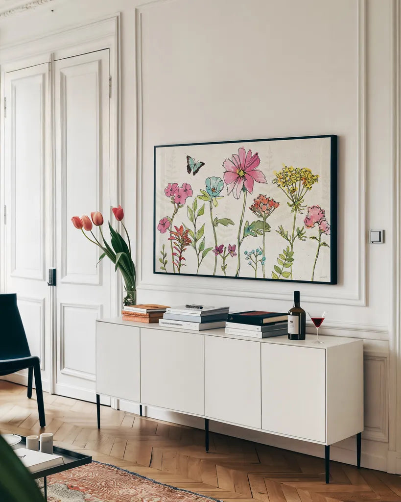 Simply Petals V by Anne Tavoletti. shown as a framed stretched canvas in a living room above a console. Available as a archival giclee rolled canvas, fine art paper, or poster print. SKU 38889i.
