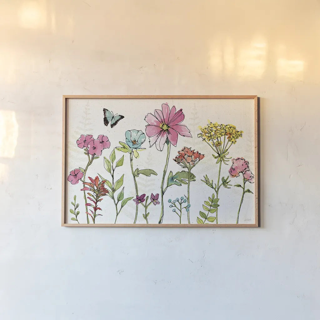 Simply Petals V by Anne Tavoletti. shown as a paper print in a natural frame. Available as a archival giclee rolled canvas, fine art paper, or poster print. SKU 38889i.