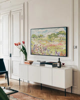 Simply Petals VIII by Anne Tavoletti. shown as a framed stretched canvas in a living room above a console. Available as a archival giclee rolled canvas, fine art paper, or poster print. SKU 38892i.