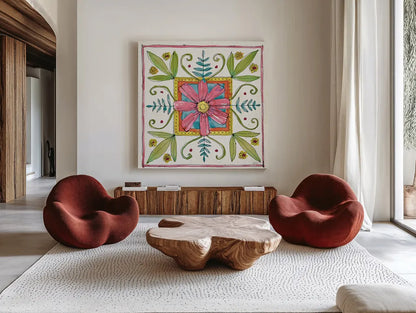 Simply Petals XII by Anne Tavoletti. Shown as extra-large giant wall art in a modern living room. Available as an archival giclee rolled canvas, fine art paper, or poster print. SKU 38896a.