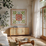 Simply Petals XII Warm by Anne Tavoletti. Shown in a natural wood frame in a cozy modern living room. Available as an archival giclee rolled canvas, fine art paper, or poster print. SKU 41469a.