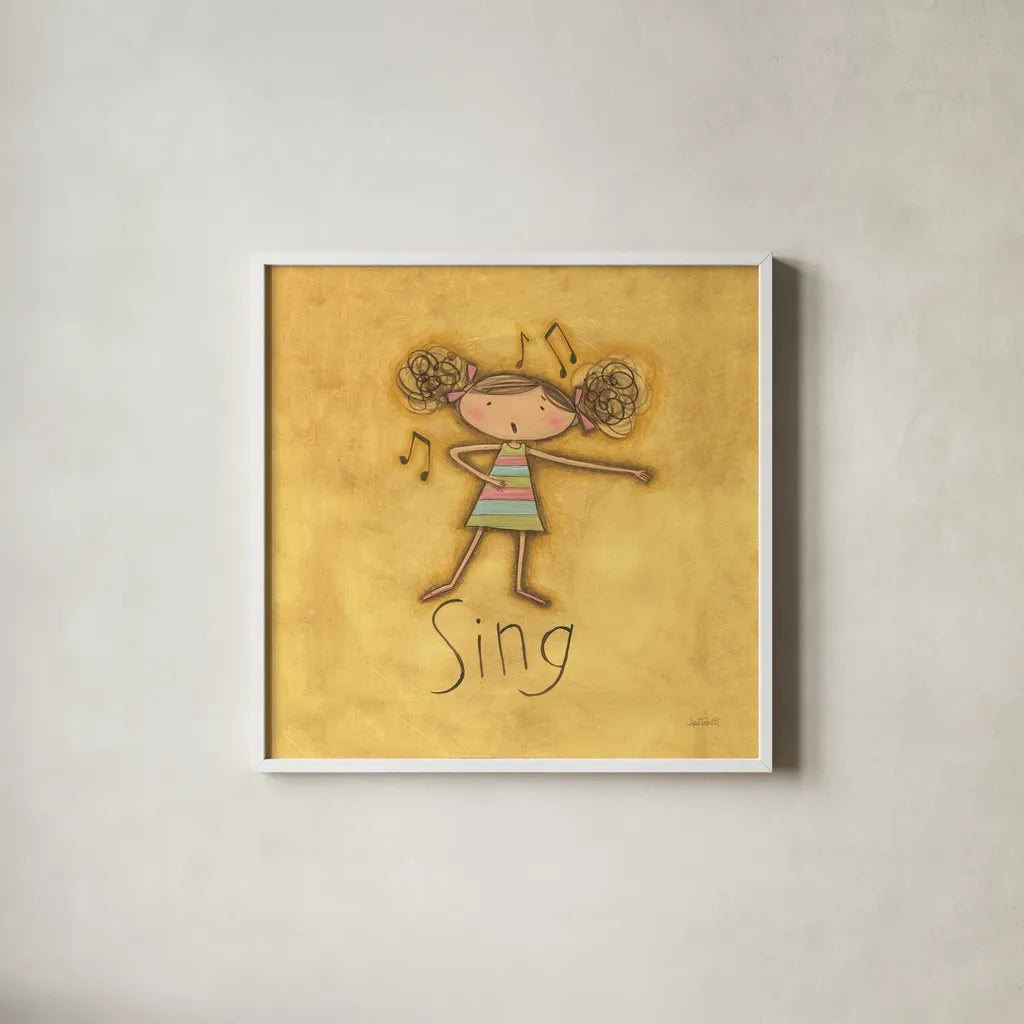 Sing by Anne Tavoletti. Shown in a crisp white glass frame for a clean and minimalist style. Available as an archival giclee rolled canvas, fine art paper, or poster print. SKU 10801a.