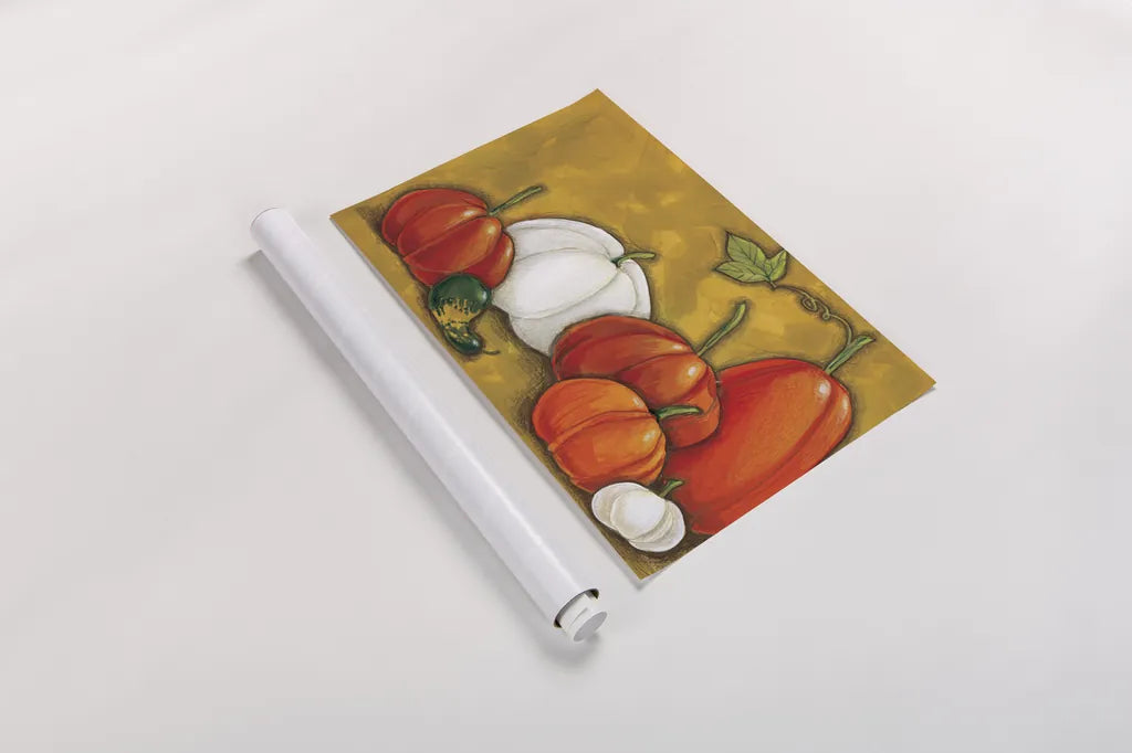 Six Pumpkins by Anne Tavoletti. shown as a rolled paper print. Available as archival giclee rolled canvas, fine art paper, or poster print. SKU 26712i.