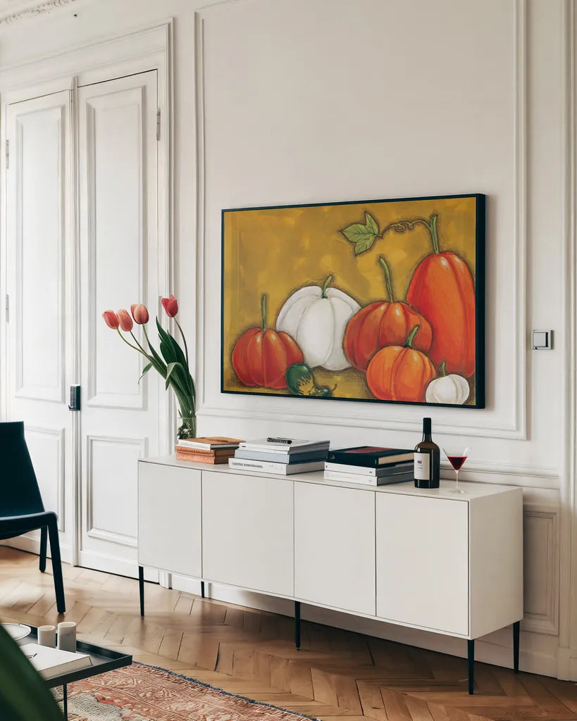 Six Pumpkins by Anne Tavoletti. shown as a framed stretched canvas in a living room above a console. Available as a archival giclee rolled canvas, fine art paper, or poster print. SKU 26712i.