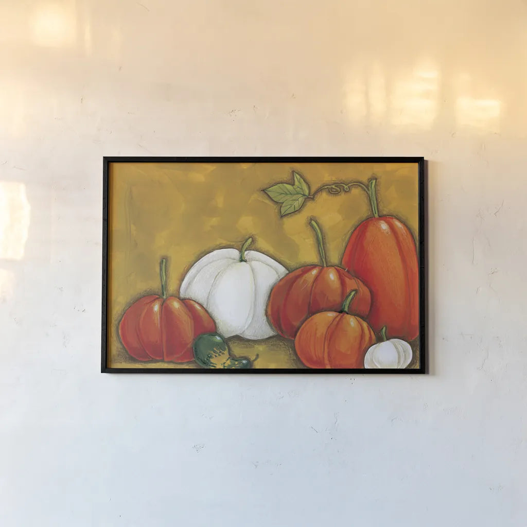 Six Pumpkins by Anne Tavoletti. shown as a paper print in a black flame. Available as a archival giclee rolled canvas, fine art paper, or poster print. SKU 26712i.