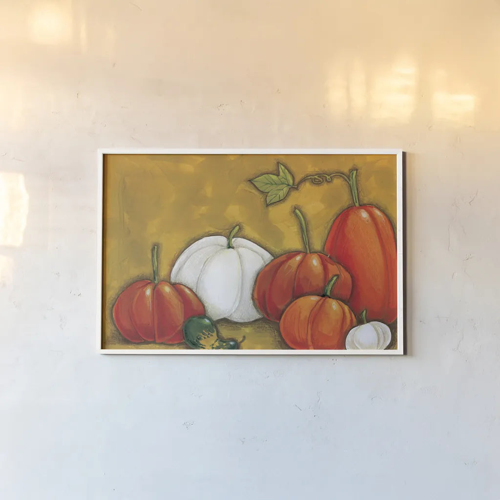 Six Pumpkins by Anne Tavoletti. shown as a paper print in a white frame. Available as a archival giclee rolled canvas, fine art paper, or poster print. SKU 26712i.