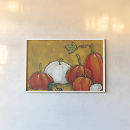 Six Pumpkins by Anne Tavoletti. shown as a paper print in a white frame. Available as a archival giclee rolled canvas, fine art paper, or poster print. SKU 26712i.