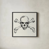 Skull and Crossbones I by Anne Tavoletti. Shown in a sleek black glass frame for a contemporary gallery look. Available as an archival giclee rolled canvas, fine art paper, or poster print. SKU 82638a.