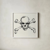 Skull and Crossbones I by Anne Tavoletti. Shown in a crisp white glass frame for a clean and minimalist style. Available as an archival giclee rolled canvas, fine art paper, or poster print. SKU 82638a.
