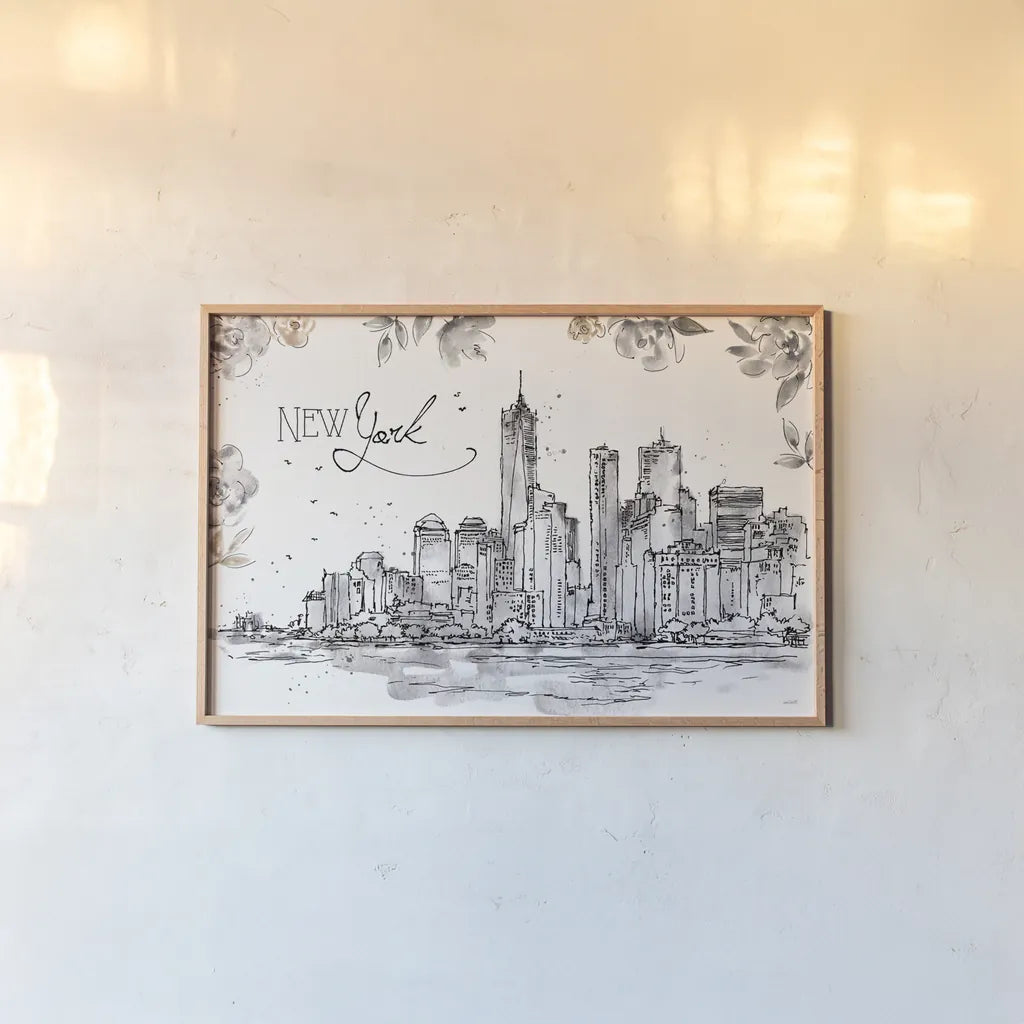Skyline Sketches I by Anne Tavoletti. shown as a paper print in a natural frame. Available as a archival giclee rolled canvas, fine art paper, or poster print. SKU 58815i.