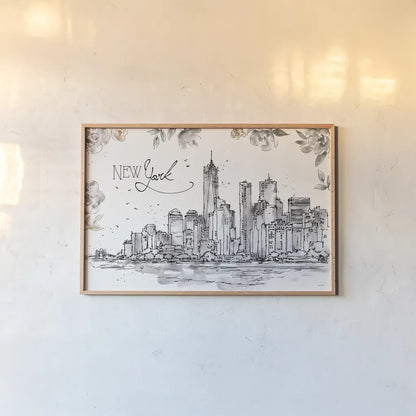Skyline Sketches I by Anne Tavoletti. shown as a paper print in a natural frame. Available as a archival giclee rolled canvas, fine art paper, or poster print. SKU 58815i.