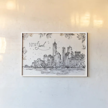Skyline Sketches I by Anne Tavoletti. shown as a paper print in a white frame. Available as a archival giclee rolled canvas, fine art paper, or poster print. SKU 58815i.