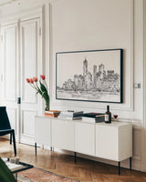 Skyline Sketches I No Words Flowers by Anne Tavoletti. shown as a framed stretched canvas in a living room above a console. Available as a archival giclee rolled canvas, fine art paper, or poster print. SKU 59328i.
