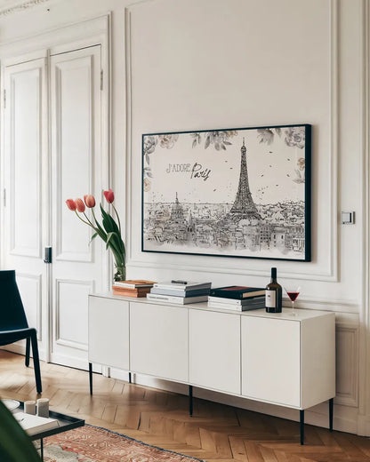 Skyline Sketches II by Anne Tavoletti. shown as a framed stretched canvas in a living room above a console. Available as a archival giclee rolled canvas, fine art paper, or poster print. SKU 58816i.