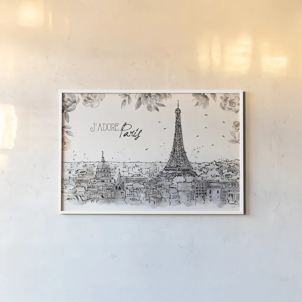 Skyline Sketches II by Anne Tavoletti. shown as a paper print in a white frame. Available as a archival giclee rolled canvas, fine art paper, or poster print. SKU 58816i.