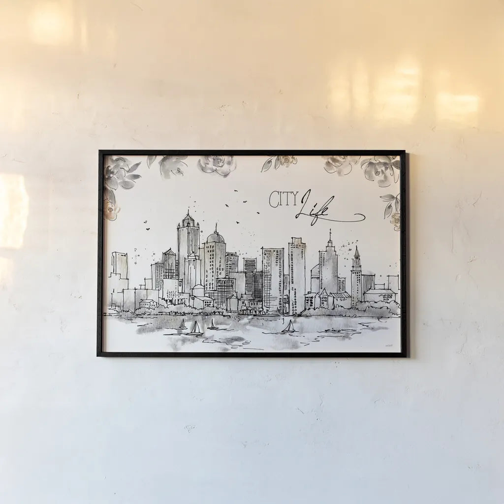 Skyline Sketches III by Anne Tavoletti. shown as a paper print in a black flame. Available as a archival giclee rolled canvas, fine art paper, or poster print. SKU 58817i.
