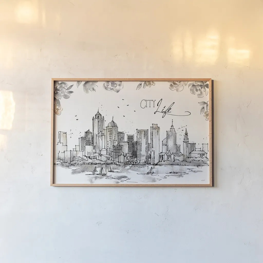 Skyline Sketches III by Anne Tavoletti. shown as a paper print in a natural frame. Available as a archival giclee rolled canvas, fine art paper, or poster print. SKU 58817i.