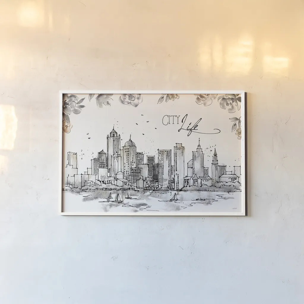 Skyline Sketches III by Anne Tavoletti. shown as a paper print in a white frame. Available as a archival giclee rolled canvas, fine art paper, or poster print. SKU 58817i.