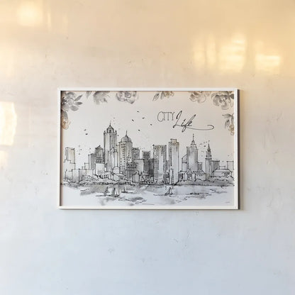 Skyline Sketches III by Anne Tavoletti. shown as a paper print in a white frame. Available as a archival giclee rolled canvas, fine art paper, or poster print. SKU 58817i.