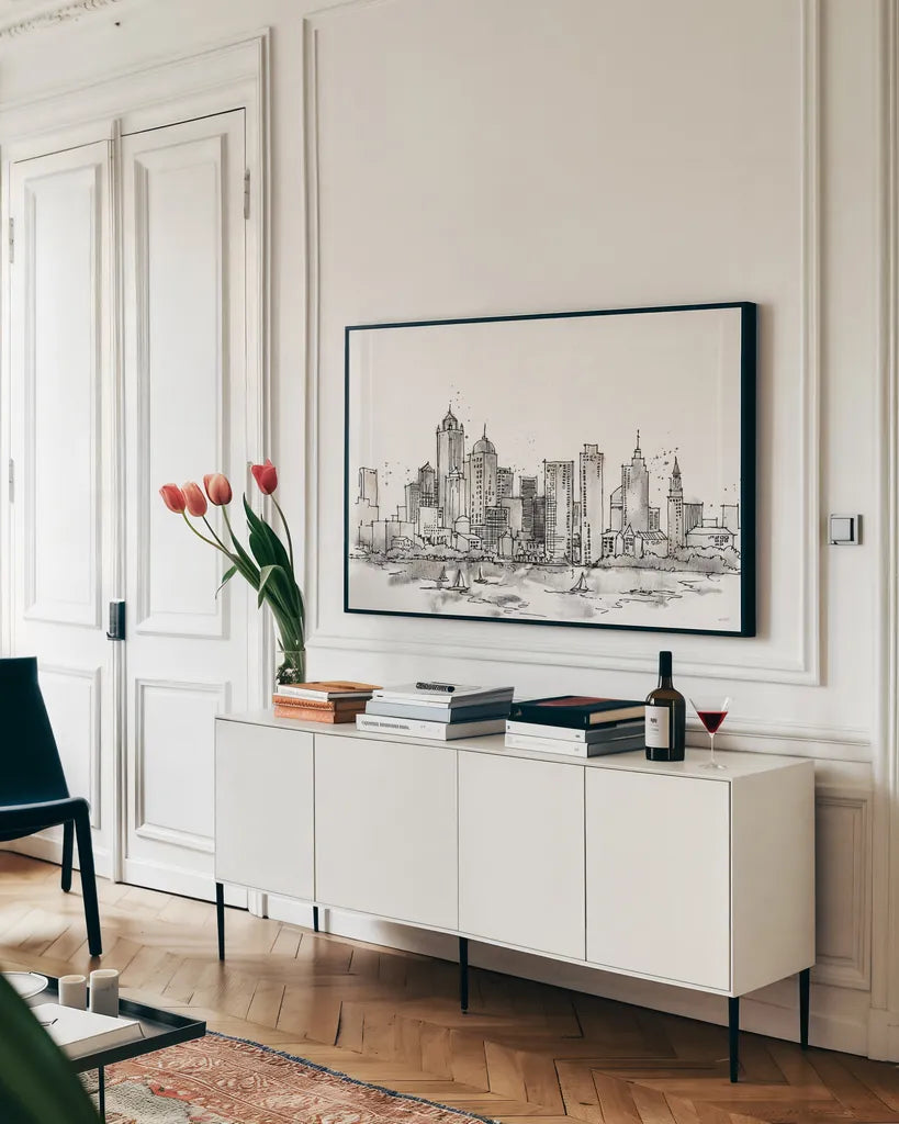 Skyline Sketches III No Words Flowers by Anne Tavoletti. shown as a framed stretched canvas in a living room above a console. Available as a archival giclee rolled canvas, fine art paper, or poster print. SKU 59330i.