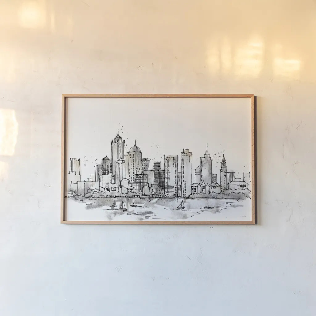 Skyline Sketches III No Words Flowers by Anne Tavoletti. shown as a paper print in a natural frame. Available as a archival giclee rolled canvas, fine art paper, or poster print. SKU 59330i.