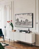 Skyline Sketches IV by Anne Tavoletti. shown as a framed stretched canvas in a living room above a console. Available as a archival giclee rolled canvas, fine art paper, or poster print. SKU 58818i.
