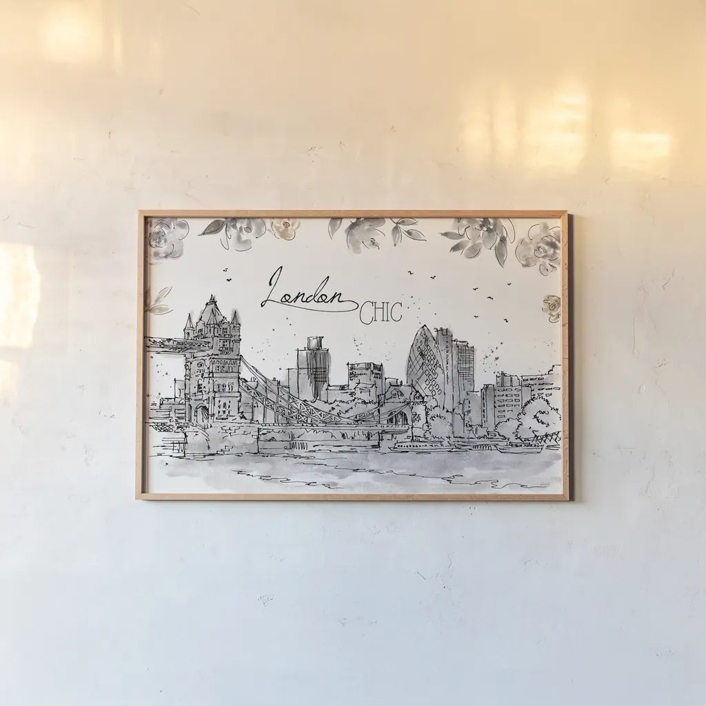 Skyline Sketches IV by Anne Tavoletti. shown as a paper print in a natural frame. Available as a archival giclee rolled canvas, fine art paper, or poster print. SKU 58818i.