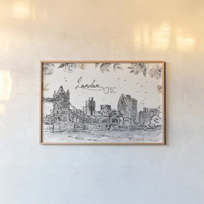 Skyline Sketches IV by Anne Tavoletti. shown as a paper print in a natural frame. Available as a archival giclee rolled canvas, fine art paper, or poster print. SKU 58818i.