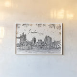 Skyline Sketches IV by Anne Tavoletti. shown as a paper print in a white frame. Available as a archival giclee rolled canvas, fine art paper, or poster print. SKU 58818i.