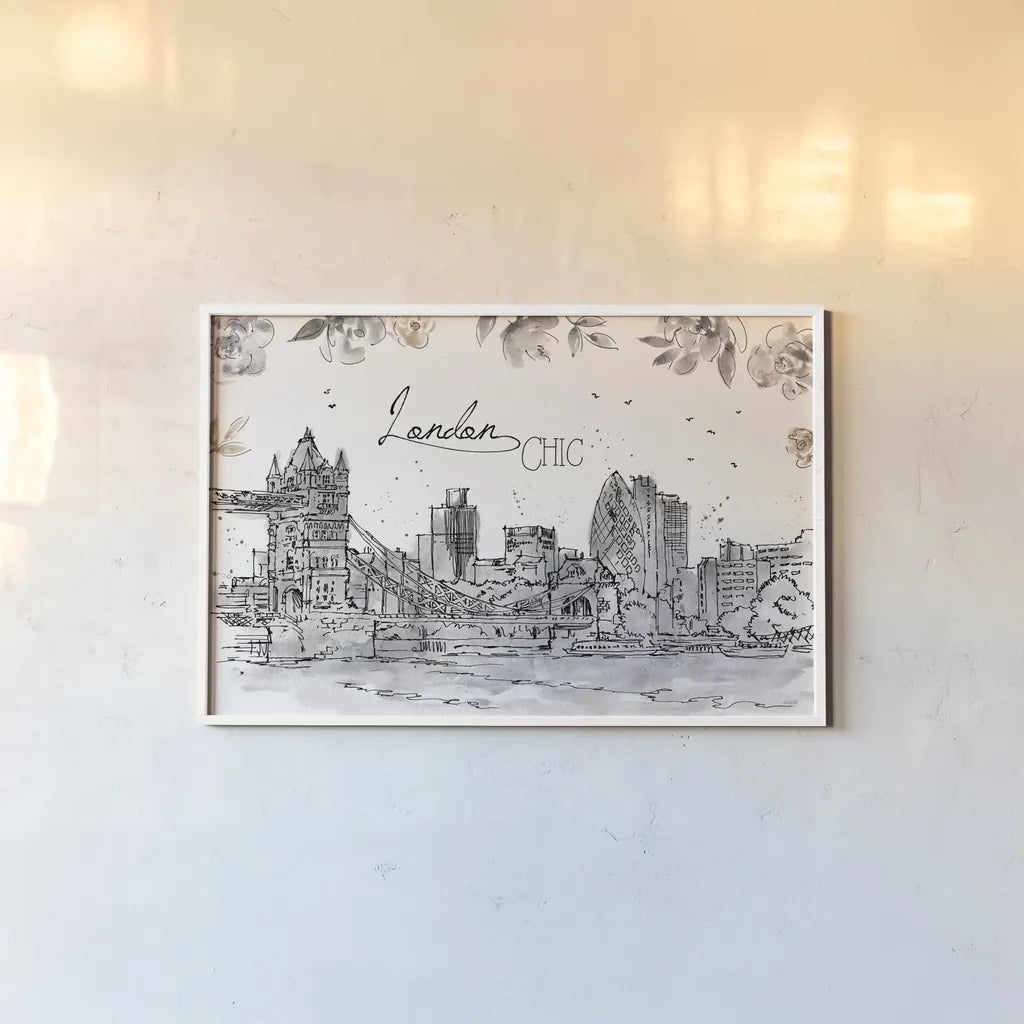 Skyline Sketches IV by Anne Tavoletti. shown as a paper print in a white frame. Available as a archival giclee rolled canvas, fine art paper, or poster print. SKU 58818i.