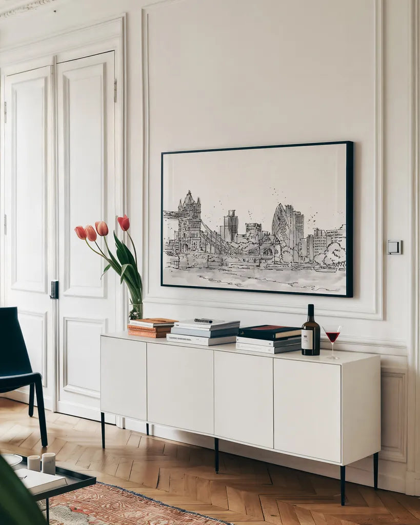 Skyline Sketches IV No Words Flowers by Anne Tavoletti. shown as a framed stretched canvas in a living room above a console. Available as a archival giclee rolled canvas, fine art paper, or poster print. SKU 59331i.