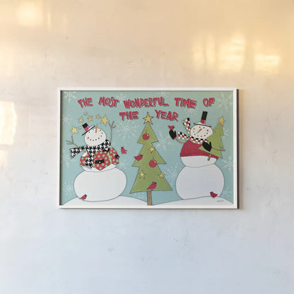 Snowman Sentiments I by Anne Tavoletti. shown as a paper print in a white frame. Available as a archival giclee rolled canvas, fine art paper, or poster print. SKU 31819i.