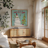 Snowman Sentiments II by Anne Tavoletti. Shown in a natural wood frame in a cozy modern living room. Available as an archival giclee rolled canvas, fine art paper, or poster print. SKU 31820a.