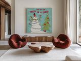 Snowman Sentiments II by Anne Tavoletti. Shown as extra-large giant wall art in a modern living room. Available as an archival giclee rolled canvas, fine art paper, or poster print. SKU 31820a.