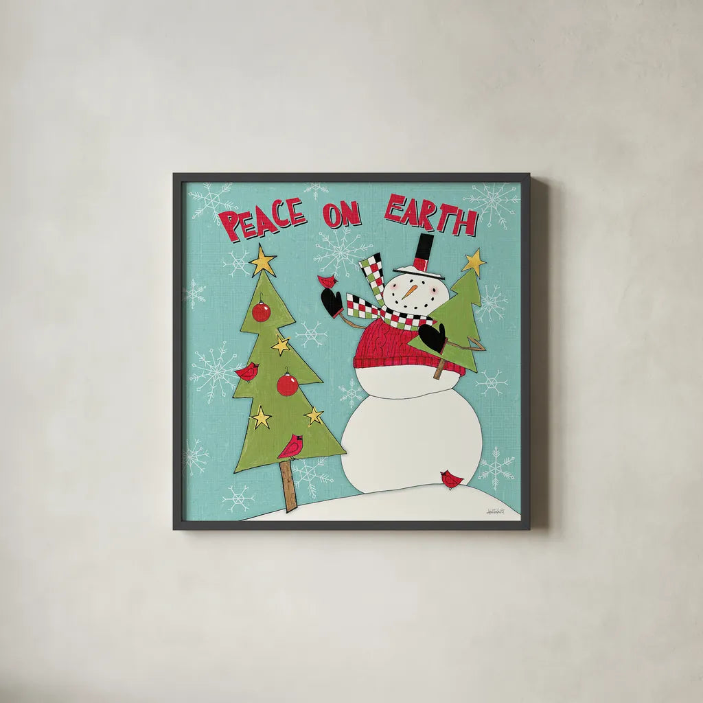 Snowman Sentiments III by Anne Tavoletti. Shown in a sleek black glass frame for a contemporary gallery look. Available as an archival giclee rolled canvas, fine art paper, or poster print. SKU 31821a.