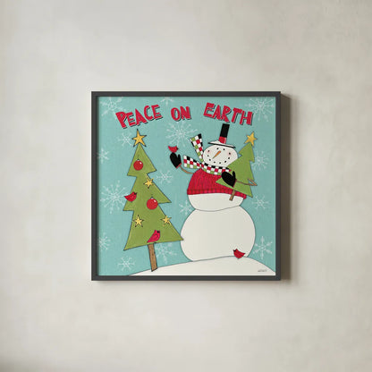 Snowman Sentiments III by Anne Tavoletti. Shown in a sleek black glass frame for a contemporary gallery look. Available as an archival giclee rolled canvas, fine art paper, or poster print. SKU 31821a.