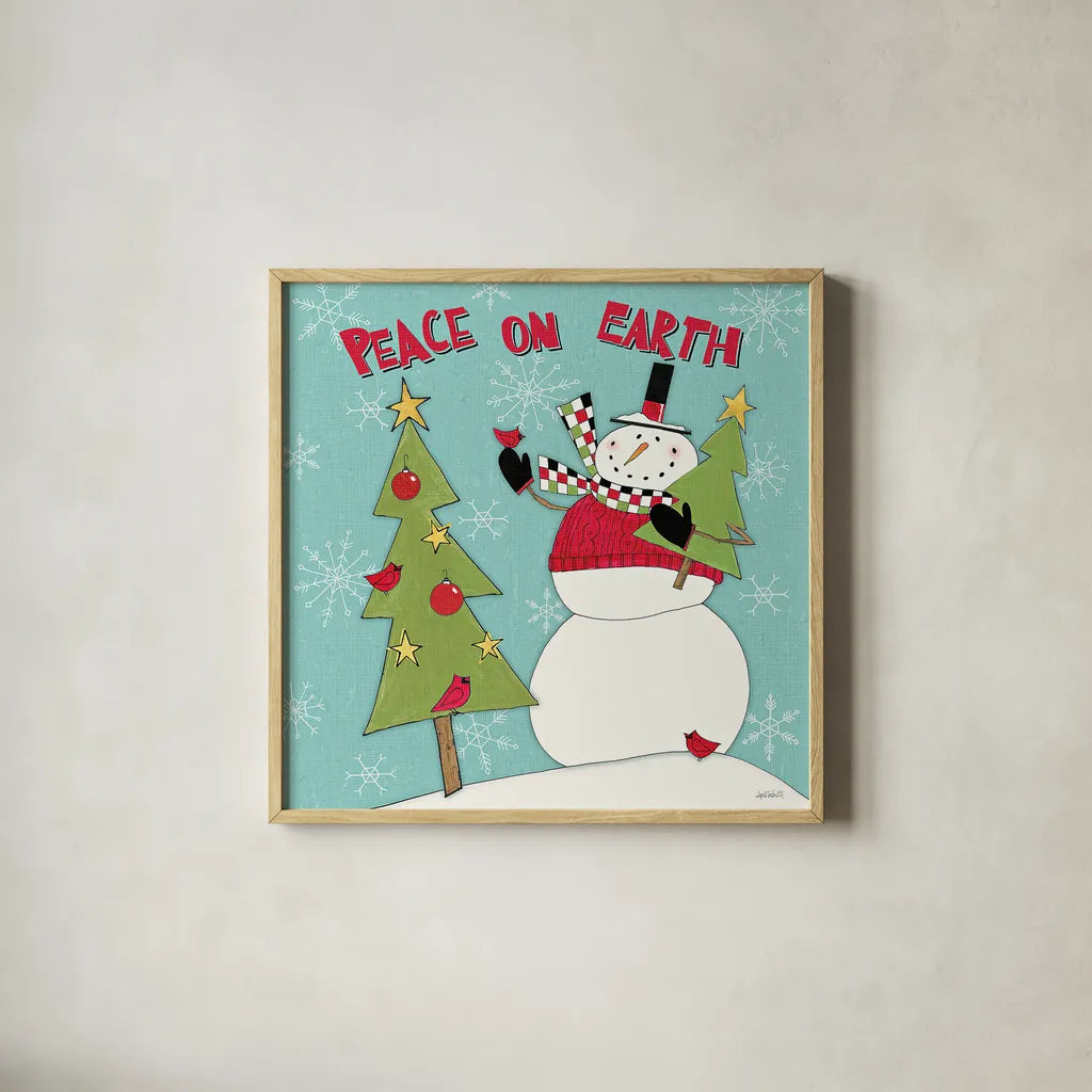 Snowman Sentiments III by Anne Tavoletti. Shown in a natural wood glass frame for a timeless modern aesthetic. Available as an archival giclee rolled canvas, fine art paper, or poster print. SKU 31821a.