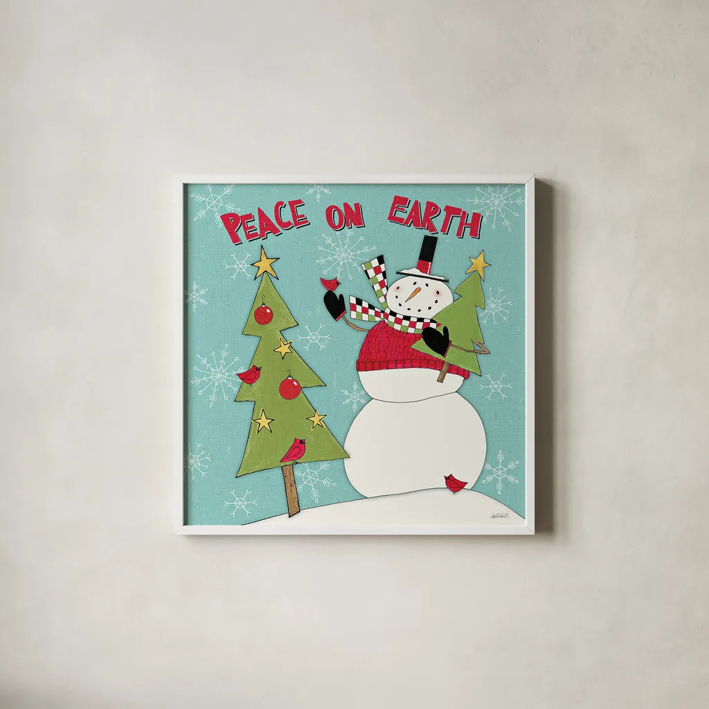 Snowman Sentiments III by Anne Tavoletti. Shown in a crisp white glass frame for a clean and minimalist style. Available as an archival giclee rolled canvas, fine art paper, or poster print. SKU 31821a.