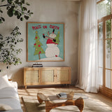 Snowman Sentiments III by Anne Tavoletti. Shown in a natural wood frame in a cozy modern living room. Available as an archival giclee rolled canvas, fine art paper, or poster print. SKU 31821a.