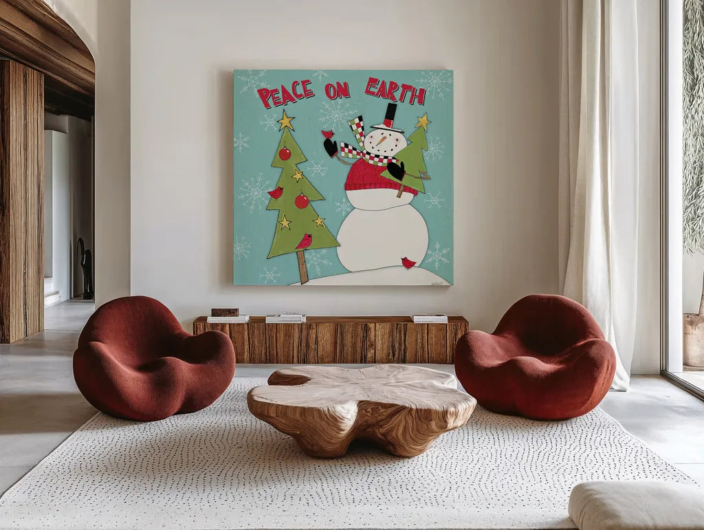 Snowman Sentiments III by Anne Tavoletti. Shown as extra-large giant wall art in a modern living room. Available as an archival giclee rolled canvas, fine art paper, or poster print. SKU 31821a.